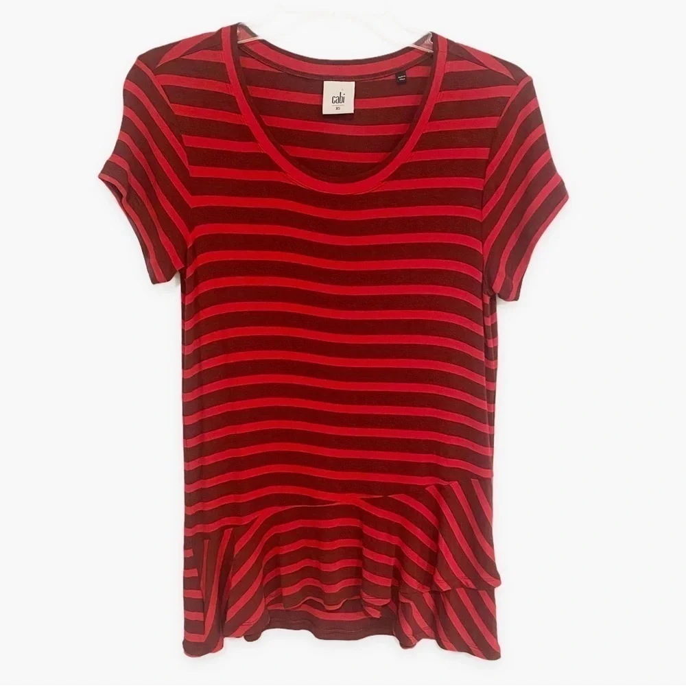 Cabi | Sweet Talk Tee Striped Ruffled Peplum Red Size XS - Picture 3 of 8